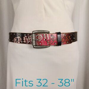 Vintage Ed Hardy Distressed Leather Bling Belt, Medium, 32 - 38"